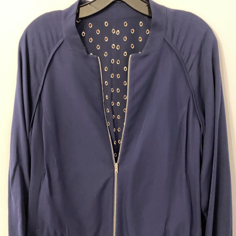 LAFAYETTE 148 NAVY SILK BOMBER JACKET REVERSIBLE SIZE MEDIUM